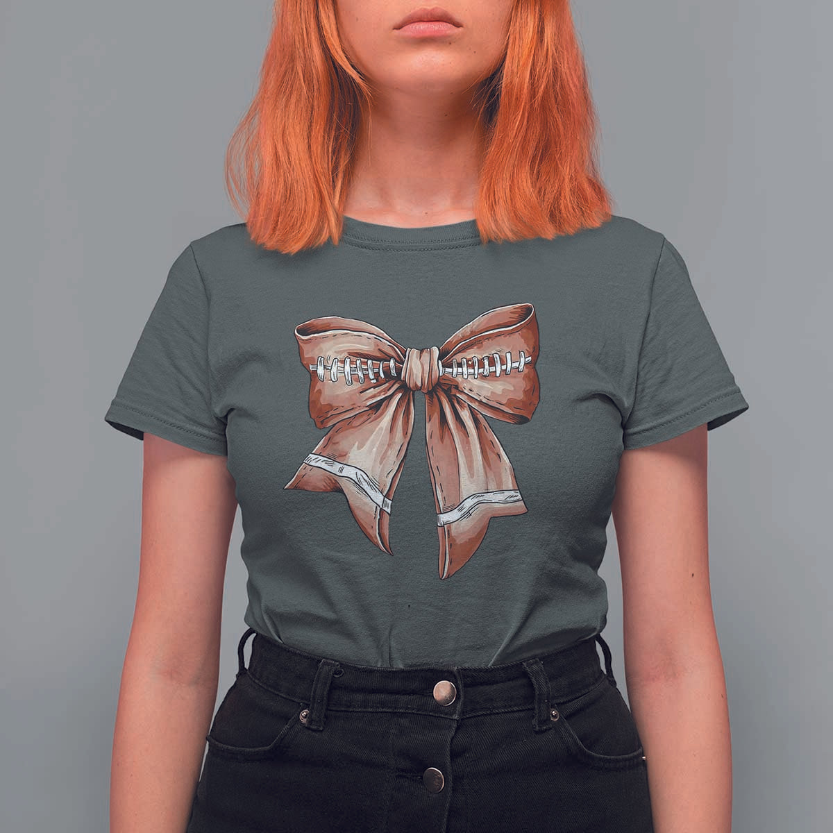Coquette Bow Pumpkin American Football T Shirt For Women Retro Thanksgiving Autumn Vibe - Wonder Print Shop