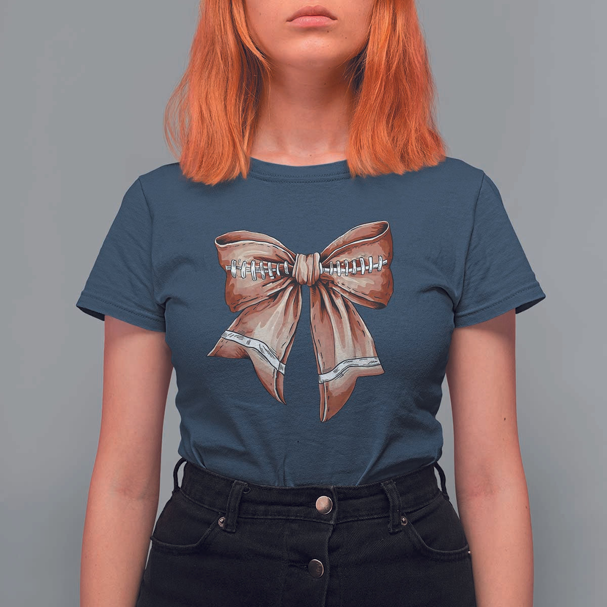 Coquette Bow Pumpkin American Football T Shirt For Women Retro Thanksgiving Autumn Vibe - Wonder Print Shop