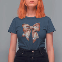 Coquette Bow Pumpkin American Football T Shirt For Women Retro Thanksgiving Autumn Vibe - Wonder Print Shop