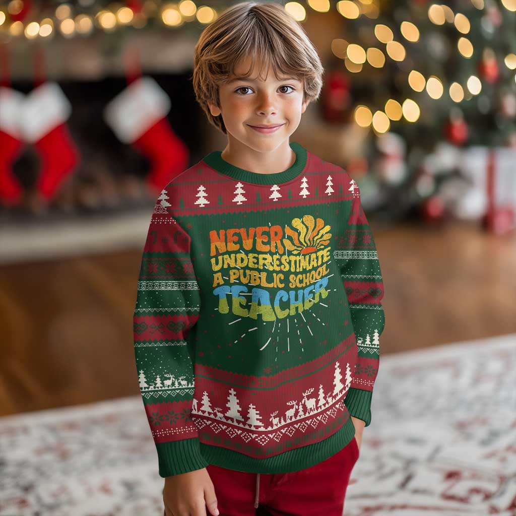 Never Underestimate A Public School Teacher Ugly Christmas Sweater Tim Walz 2024 Saying Public Education - Wonder Print Shop