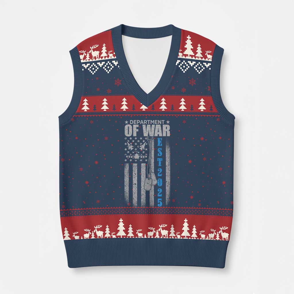 Department of War Est 2025 V-Neck Knit Sweater Vest Military Patriotic Dog Tags American Flag - Wonder Print Shop