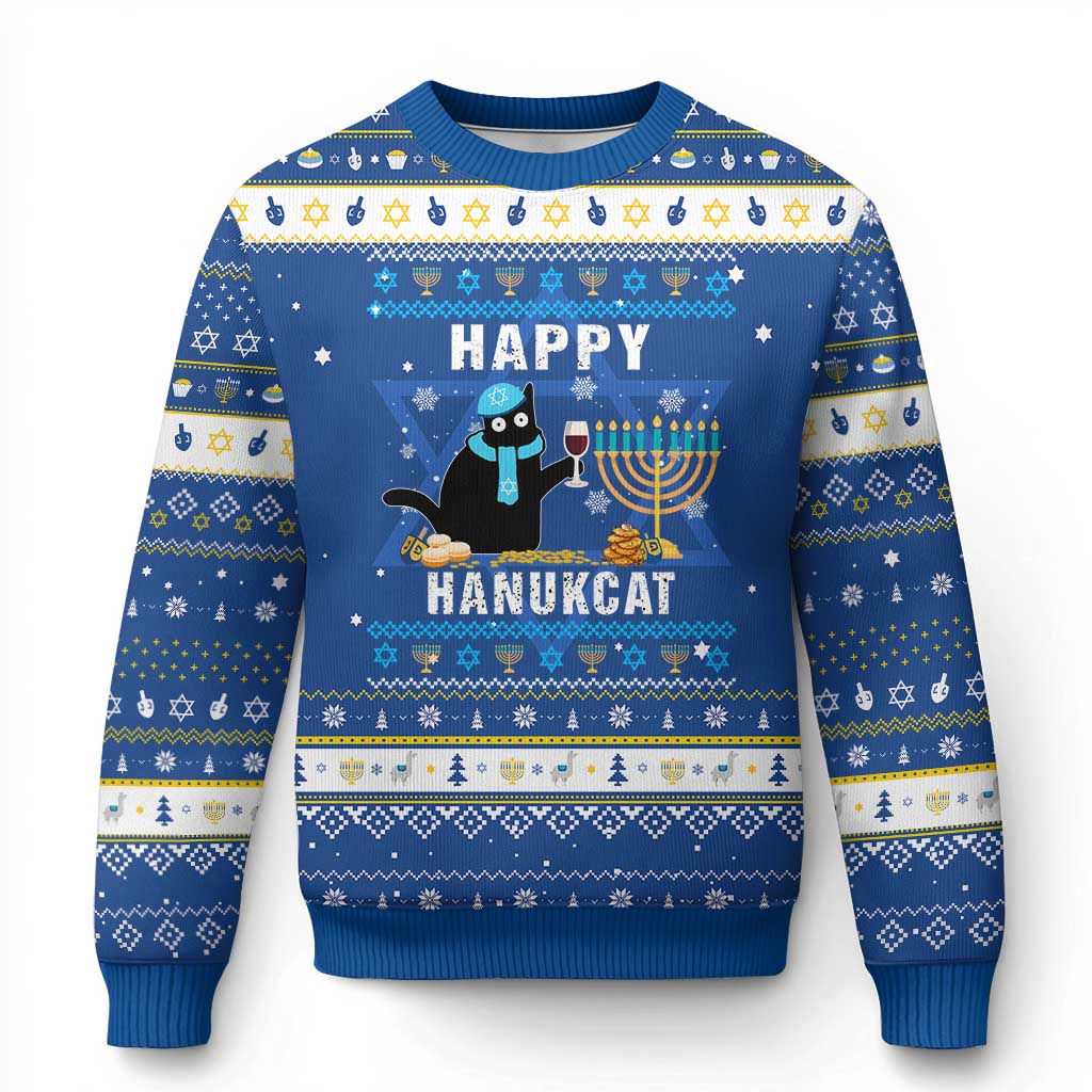 Funny Cat Hanukkah Ugly Sweater Happy Hanukcat Drinking Black Cat Jewish Menorah Chanukah - Wonder Print Shop