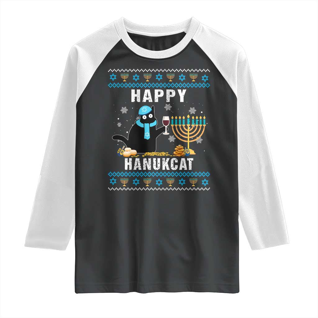 Funny Hanukkah Cat Raglan Shirt Happy Hanukcat Drinking Black Cat Jewish Menorah Chanukah