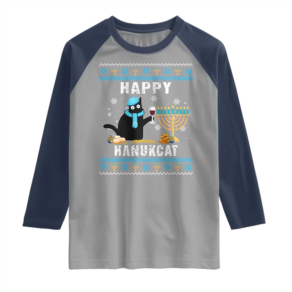 Funny Hanukkah Cat Raglan Shirt Happy Hanukcat Drinking Black Cat Jewish Menorah Chanukah