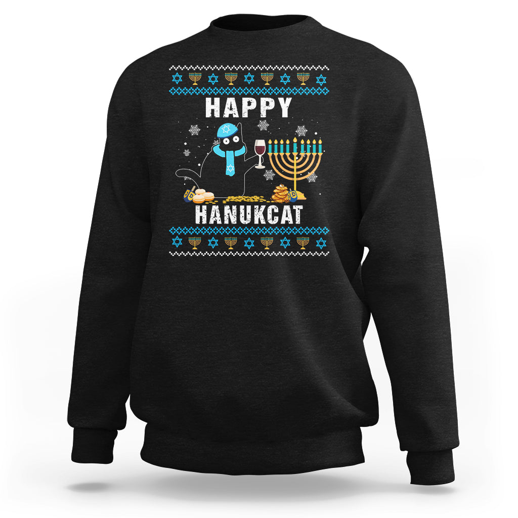 Hanukkah Cat Sweatshirt Happy Hanukcat Jewish Hanukkah Black Cat Menorah Chanukah - Wonder Print Shop
