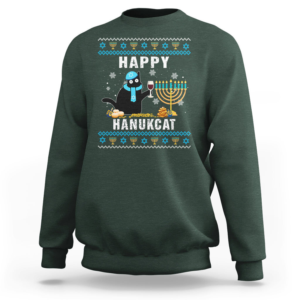 Hanukkah Cat Sweatshirt Happy Hanukcat Jewish Hanukkah Black Cat Menorah Chanukah - Wonder Print Shop