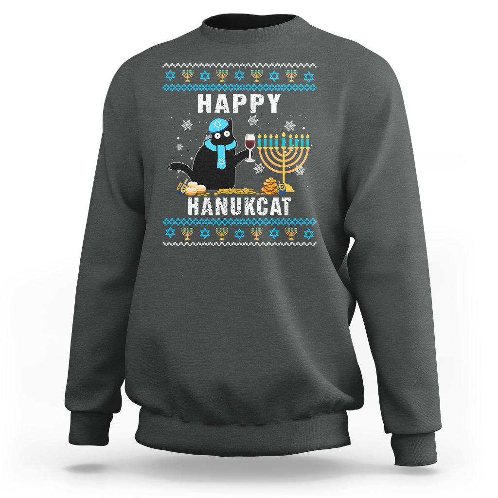 Hanukkah Cat Sweatshirt Happy Hanukcat Jewish Hanukkah Black Cat Menorah Chanukah - Wonder Print Shop
