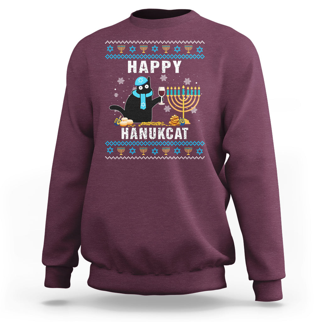 Hanukkah Cat Sweatshirt Happy Hanukcat Jewish Hanukkah Black Cat Menorah Chanukah - Wonder Print Shop