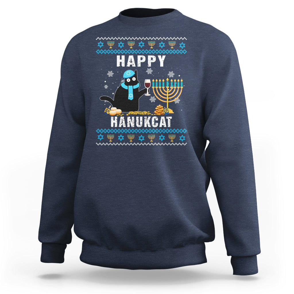 Hanukkah Cat Sweatshirt Happy Hanukcat Jewish Hanukkah Black Cat Menorah Chanukah - Wonder Print Shop