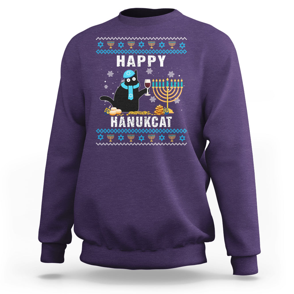 Hanukkah Cat Sweatshirt Happy Hanukcat Jewish Hanukkah Black Cat Menorah Chanukah - Wonder Print Shop