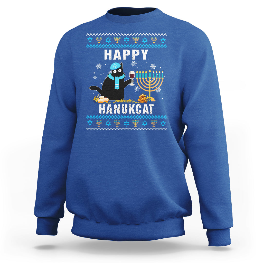 Hanukkah Cat Sweatshirt Happy Hanukcat Jewish Hanukkah Black Cat Menorah Chanukah - Wonder Print Shop