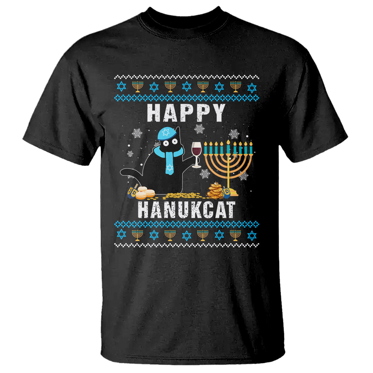 Hanukkah Cat T Shirt Happy Hanukcat Jewish Hanukkah Black Cat Menorah Chanukah - Wonder Print Shop