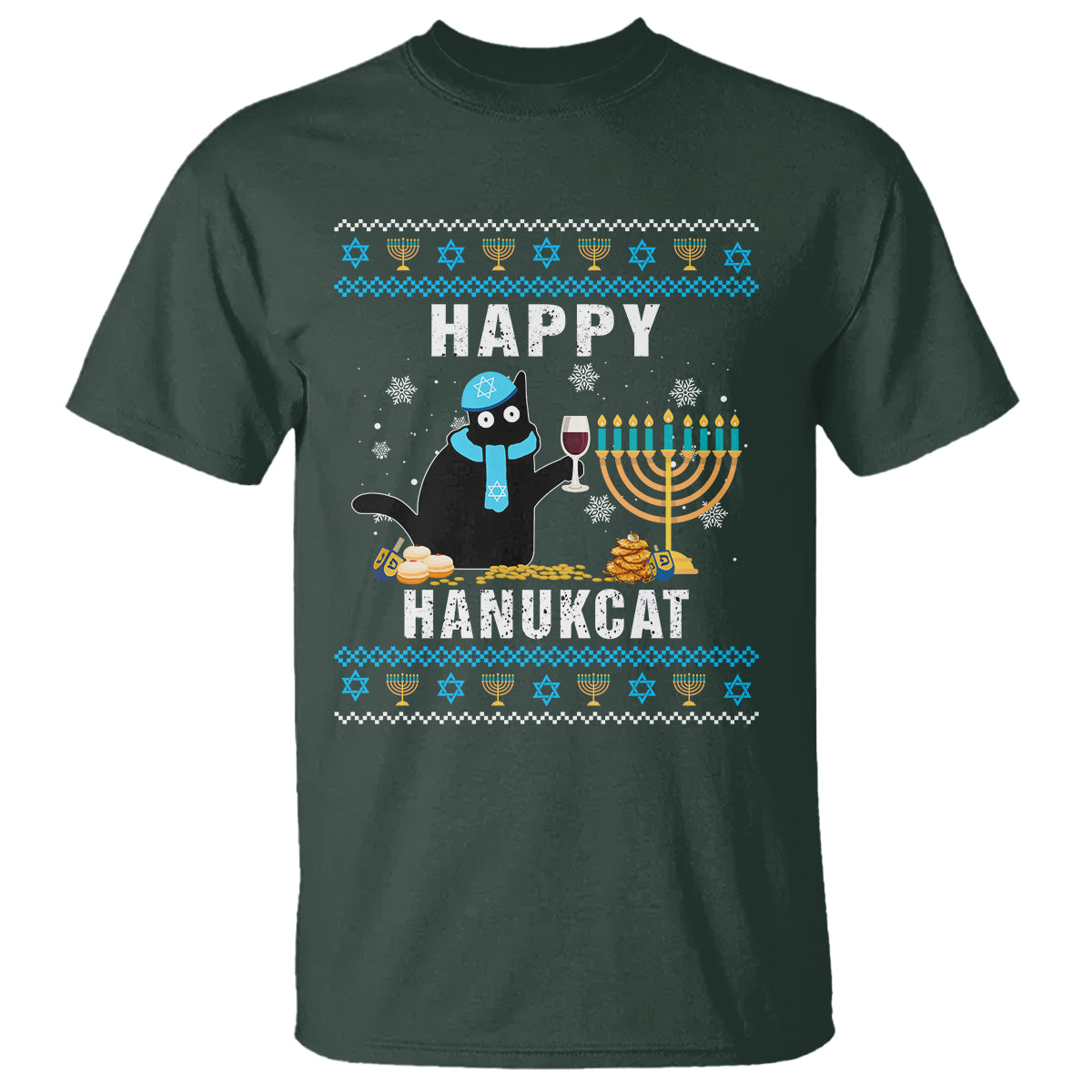 Hanukkah Cat T Shirt Happy Hanukcat Jewish Hanukkah Black Cat Menorah Chanukah - Wonder Print Shop