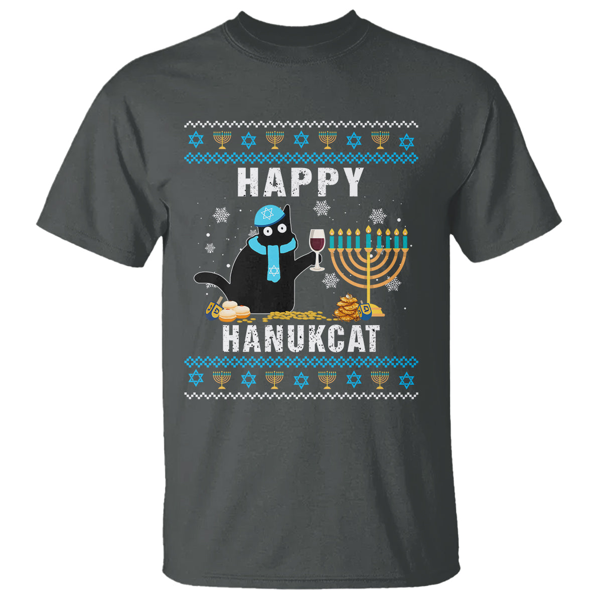 Hanukkah Cat T Shirt Happy Hanukcat Jewish Hanukkah Black Cat Menorah Chanukah - Wonder Print Shop