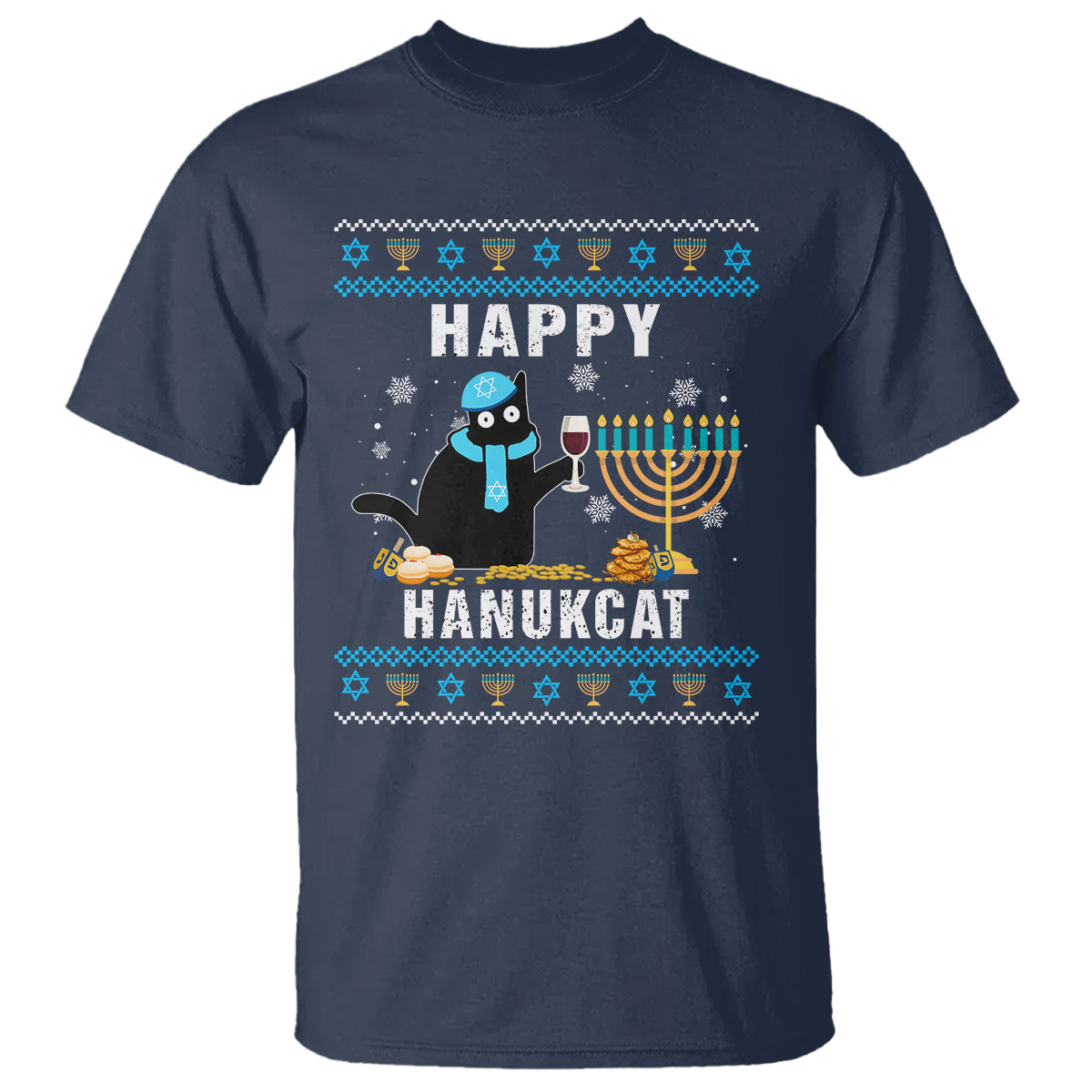 Hanukkah Cat T Shirt Happy Hanukcat Jewish Hanukkah Black Cat Menorah Chanukah - Wonder Print Shop