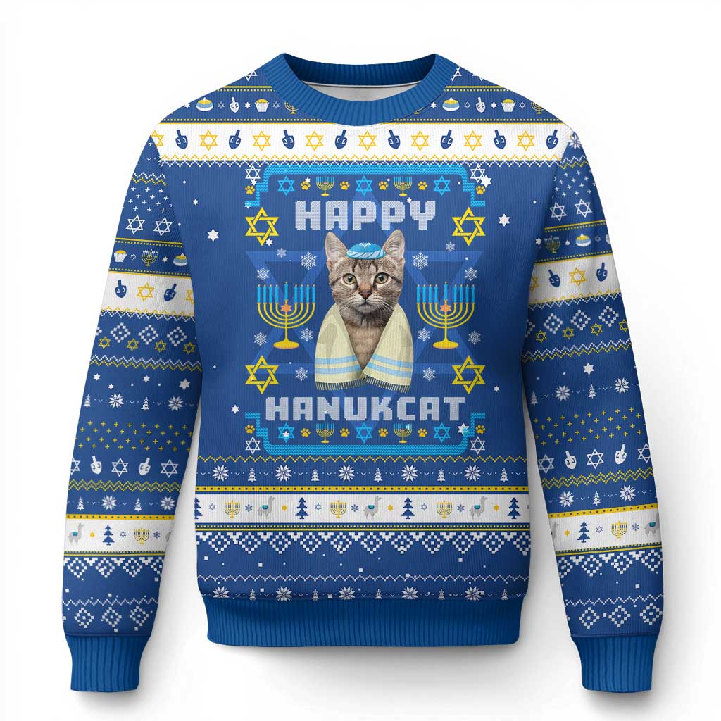 Funny Cat Hanukkah Ugly Sweater Happy Hanukcat Menorah Ugly Chanukah Jewish Festival - Wonder Print Shop