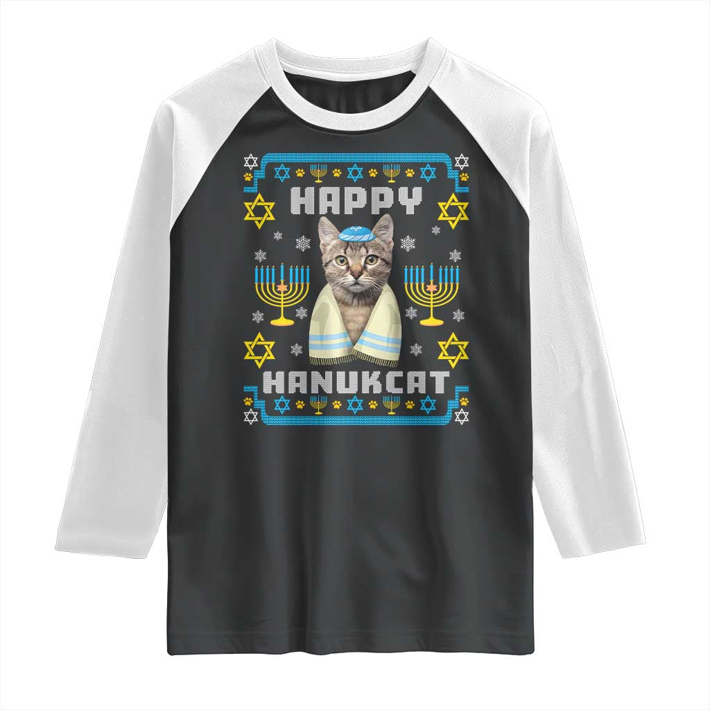 Funny Hanukkah Cat Raglan Shirt Happy Hanukcat Menorah Ugly Chanukah Jewish Festival