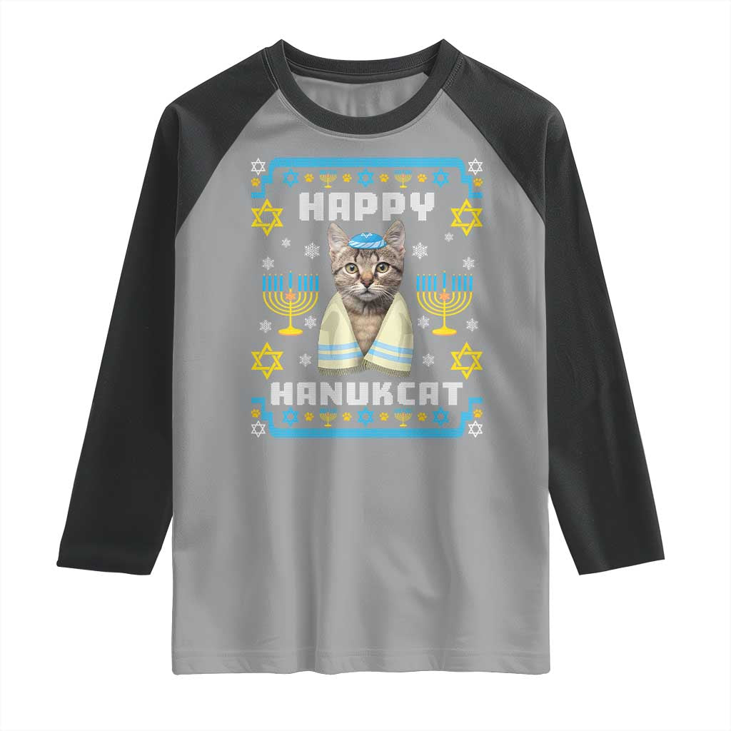 Funny Hanukkah Cat Raglan Shirt Happy Hanukcat Menorah Ugly Chanukah Jewish Festival
