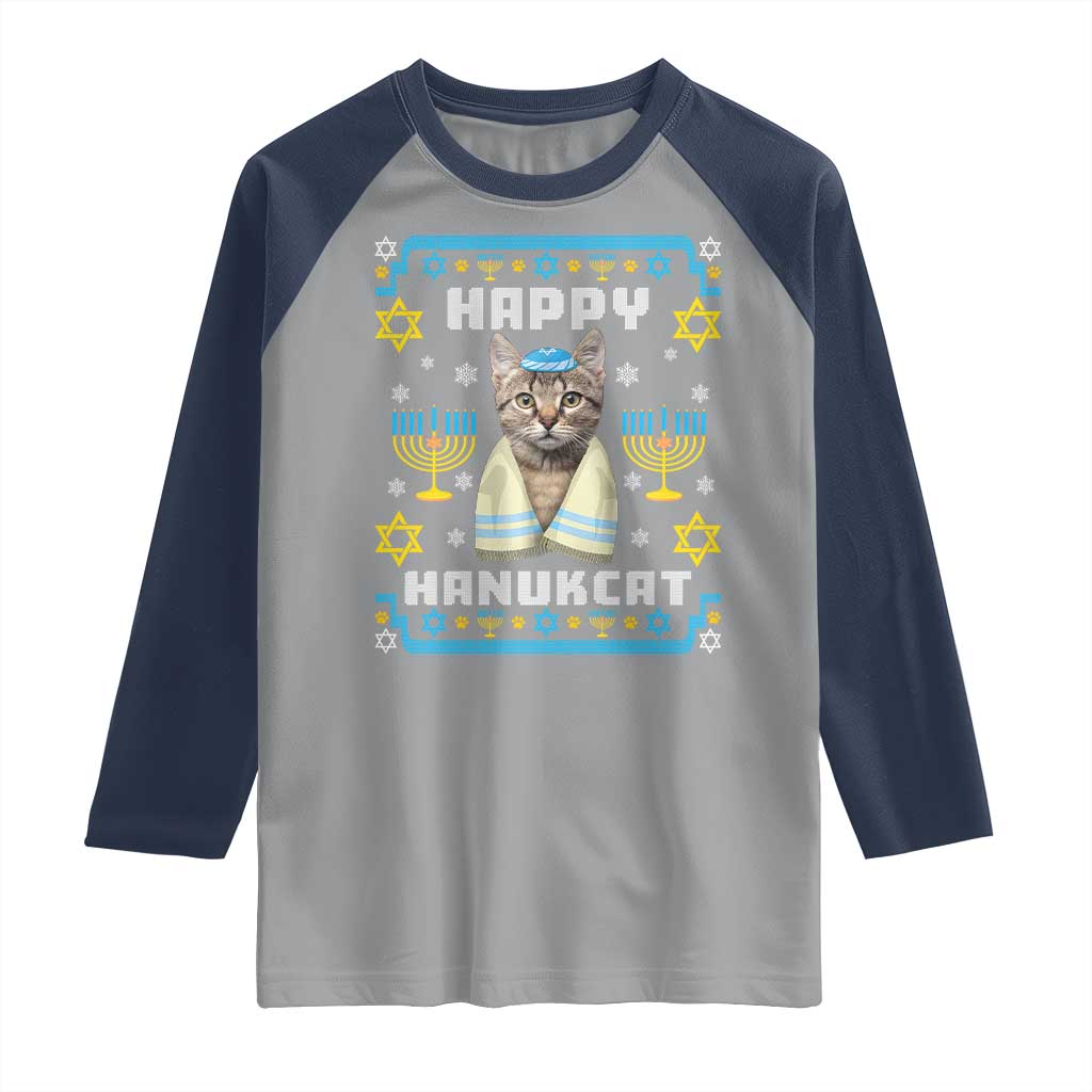 Funny Hanukkah Cat Raglan Shirt Happy Hanukcat Menorah Ugly Chanukah Jewish Festival