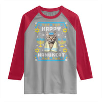 Funny Hanukkah Cat Raglan Shirt Happy Hanukcat Menorah Ugly Chanukah Jewish Festival