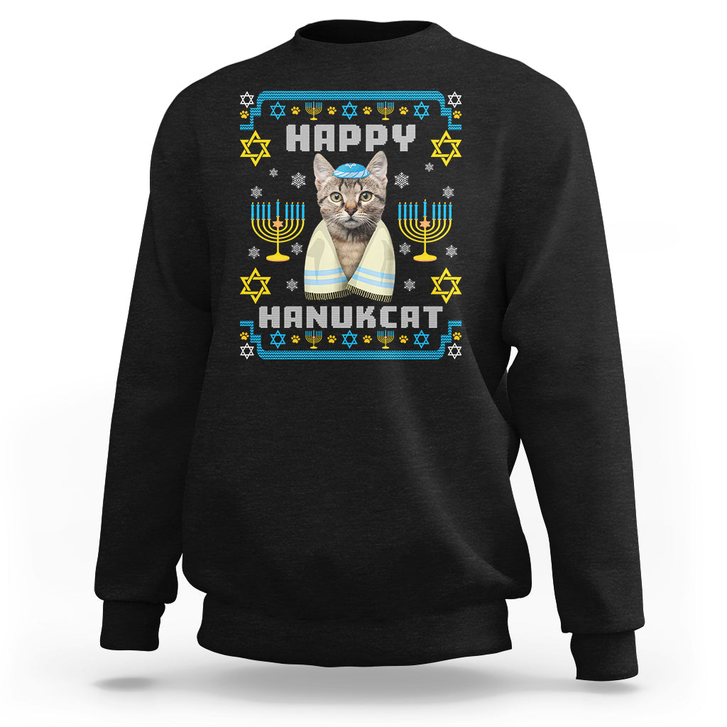 Hanukkah Cat Sweatshirt Happy Hanukcat Jewish Hanukkah Cat Menorah Ugly Chanukah - Wonder Print Shop