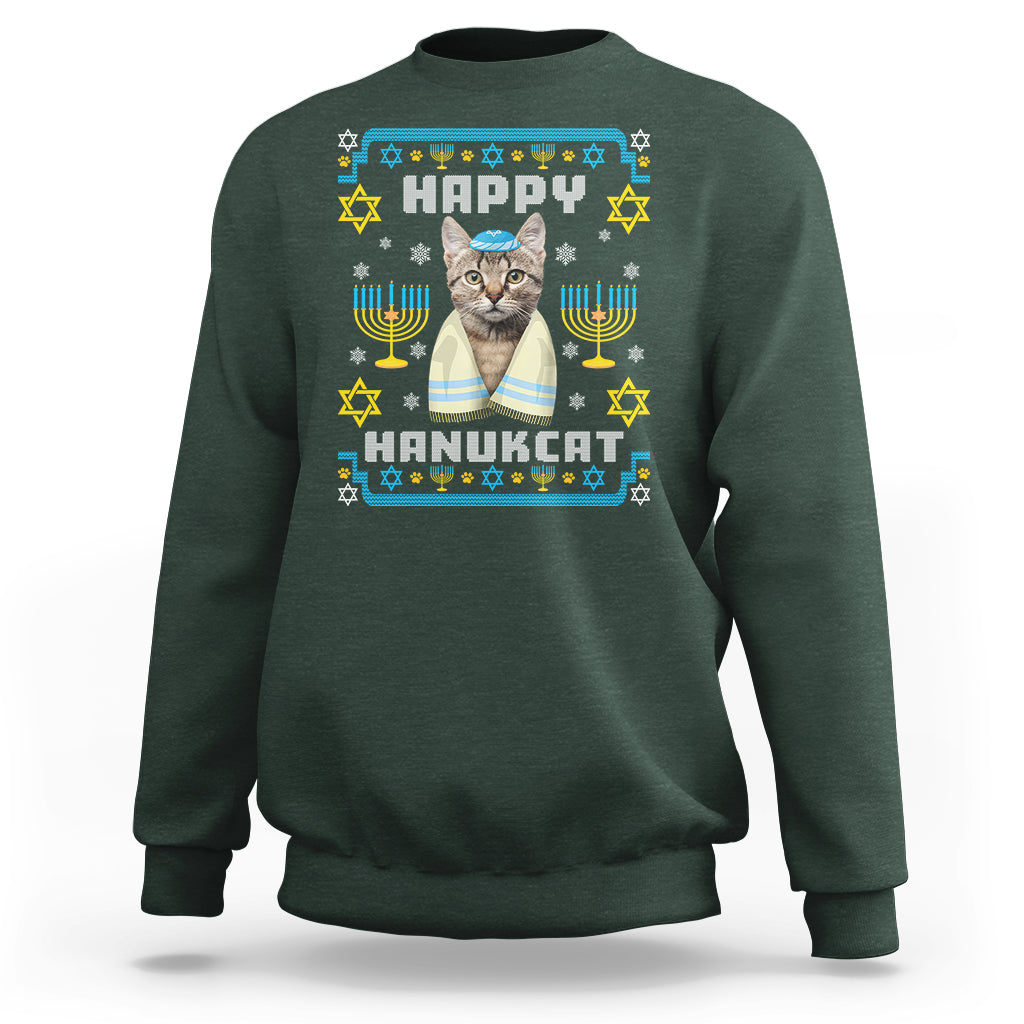 Hanukkah Cat Sweatshirt Happy Hanukcat Jewish Hanukkah Cat Menorah Ugly Chanukah - Wonder Print Shop