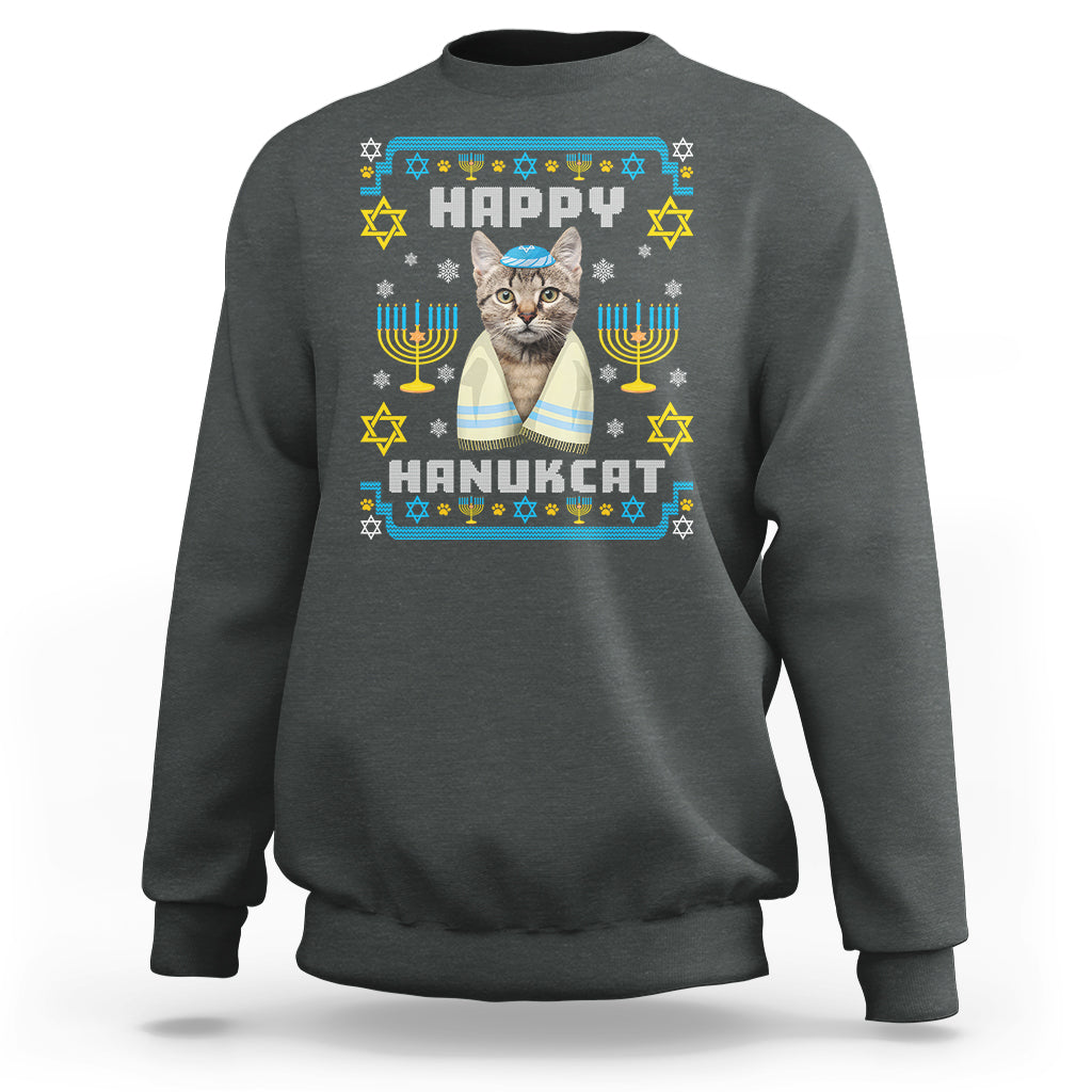 Hanukkah Cat Sweatshirt Happy Hanukcat Jewish Hanukkah Cat Menorah Ugly Chanukah - Wonder Print Shop