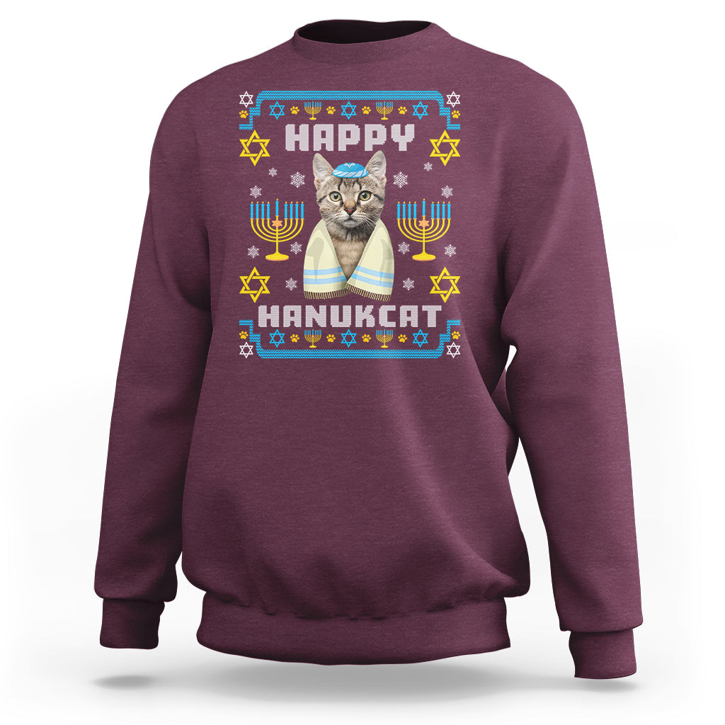 Hanukkah Cat Sweatshirt Happy Hanukcat Jewish Hanukkah Cat Menorah Ugly Chanukah - Wonder Print Shop