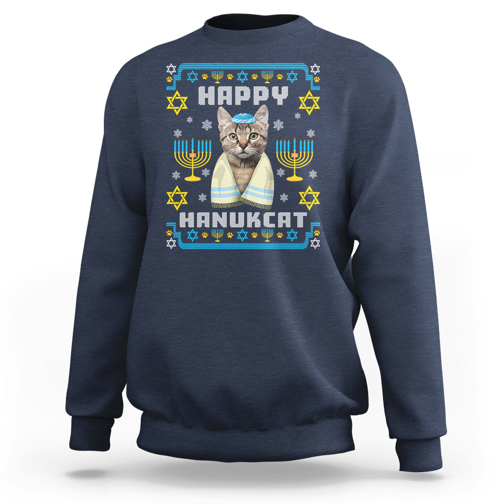 Hanukkah Cat Sweatshirt Happy Hanukcat Jewish Hanukkah Cat Menorah Ugly Chanukah - Wonder Print Shop