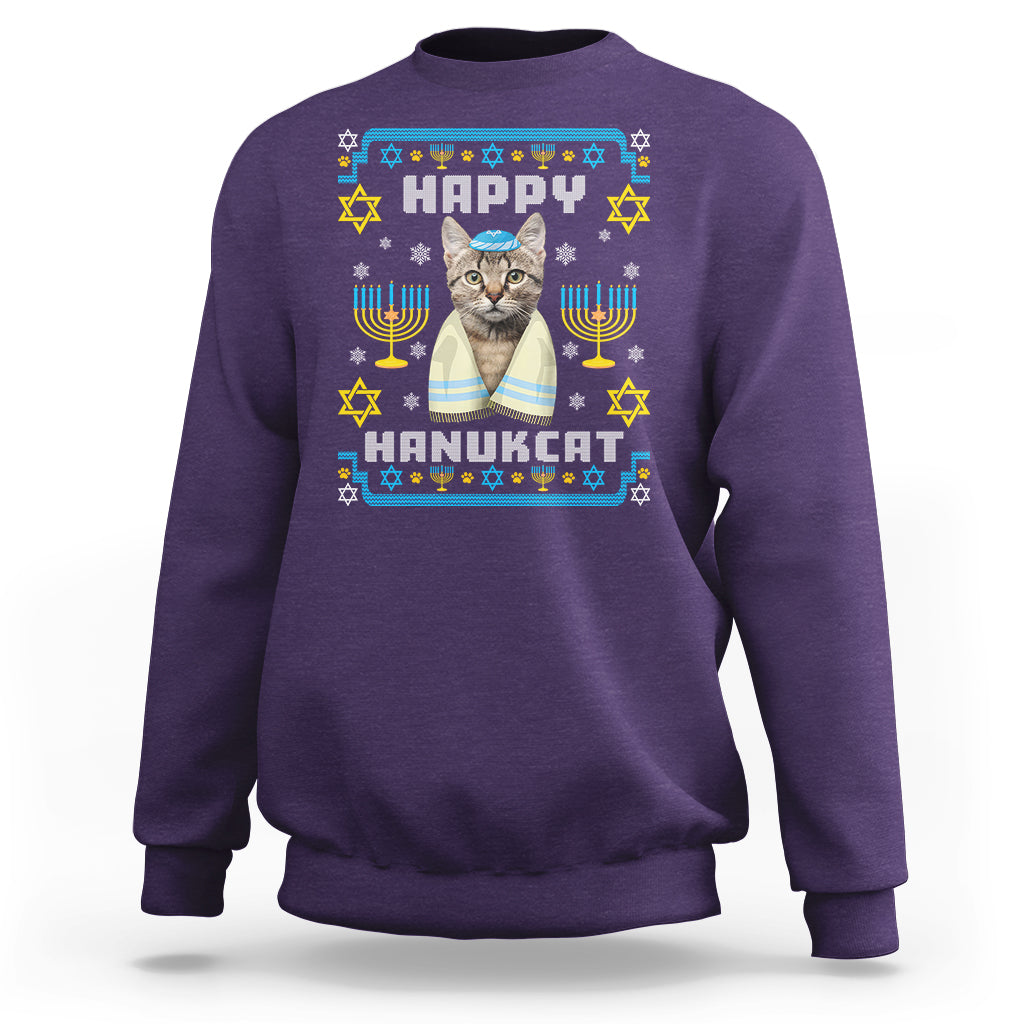 Hanukkah Cat Sweatshirt Happy Hanukcat Jewish Hanukkah Cat Menorah Ugly Chanukah - Wonder Print Shop
