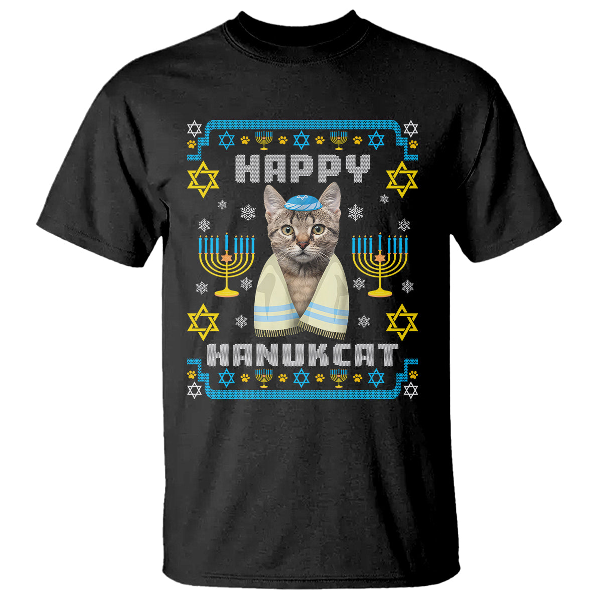 Hanukkah Cat T Shirt Happy Hanukcat Jewish Hanukkah Cat Menorah Ugly Chanukah - Wonder Print Shop