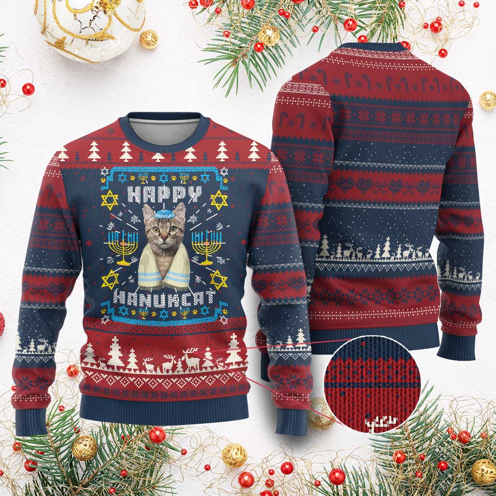 Funny Hanukkah Cat Ugly Christmas Sweater Happy Hanukcat Menorah Ugly Chanukah Jewish Festival - Wonder Print Shop