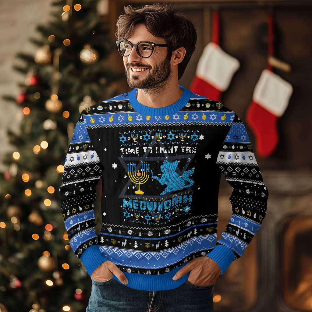 Funny Cat Hanukkah Ugly Sweater Light The Meownorah Jewish Menorah Chanukah - Wonder Print Shop