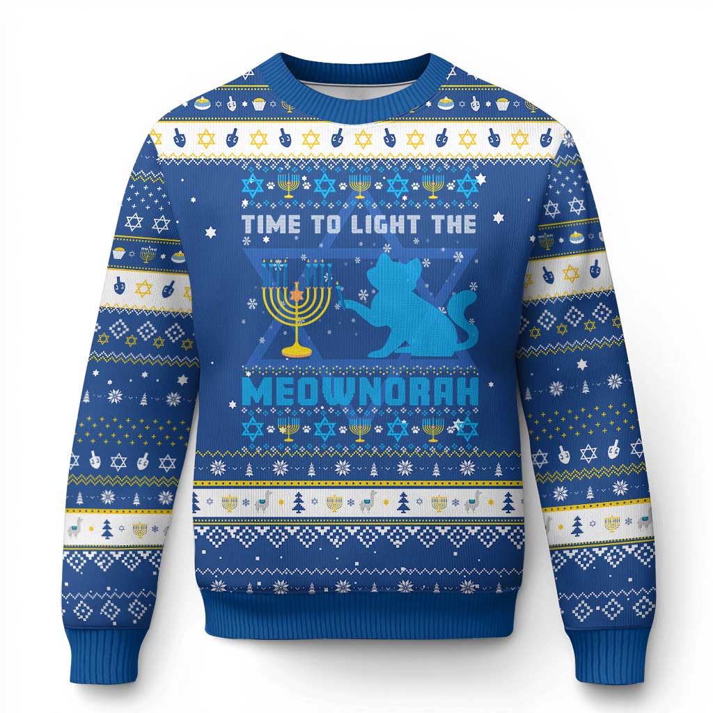 Funny Cat Hanukkah Ugly Sweater Light The Meownorah Jewish Menorah Chanukah - Wonder Print Shop