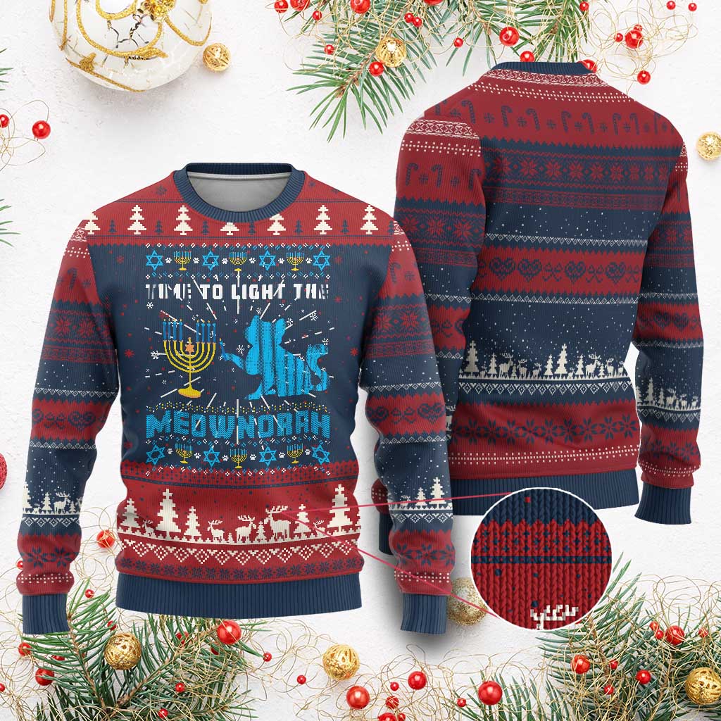 Funny Hanukkah Cat Ugly Christmas Sweater Light The Meownorah Jewish Menorah Chanukah - Wonder Print Shop