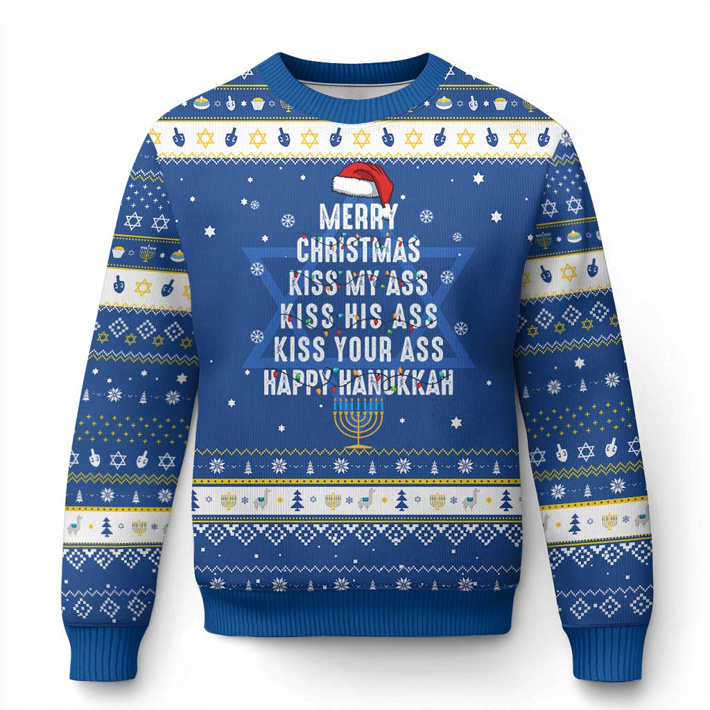 Merry Christmas Kiss My Ass His Ass Your Ass Happy Hanukkah Hanukkah Ugly Sweater - Wonder Print Shop