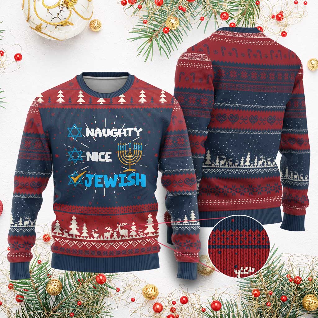 Funny Jewish Hanukkah Ugly Christmas Sweater Nice Naughty Jewish Menorah Hanukkiah Chanukah Ugly - Wonder Print Shop