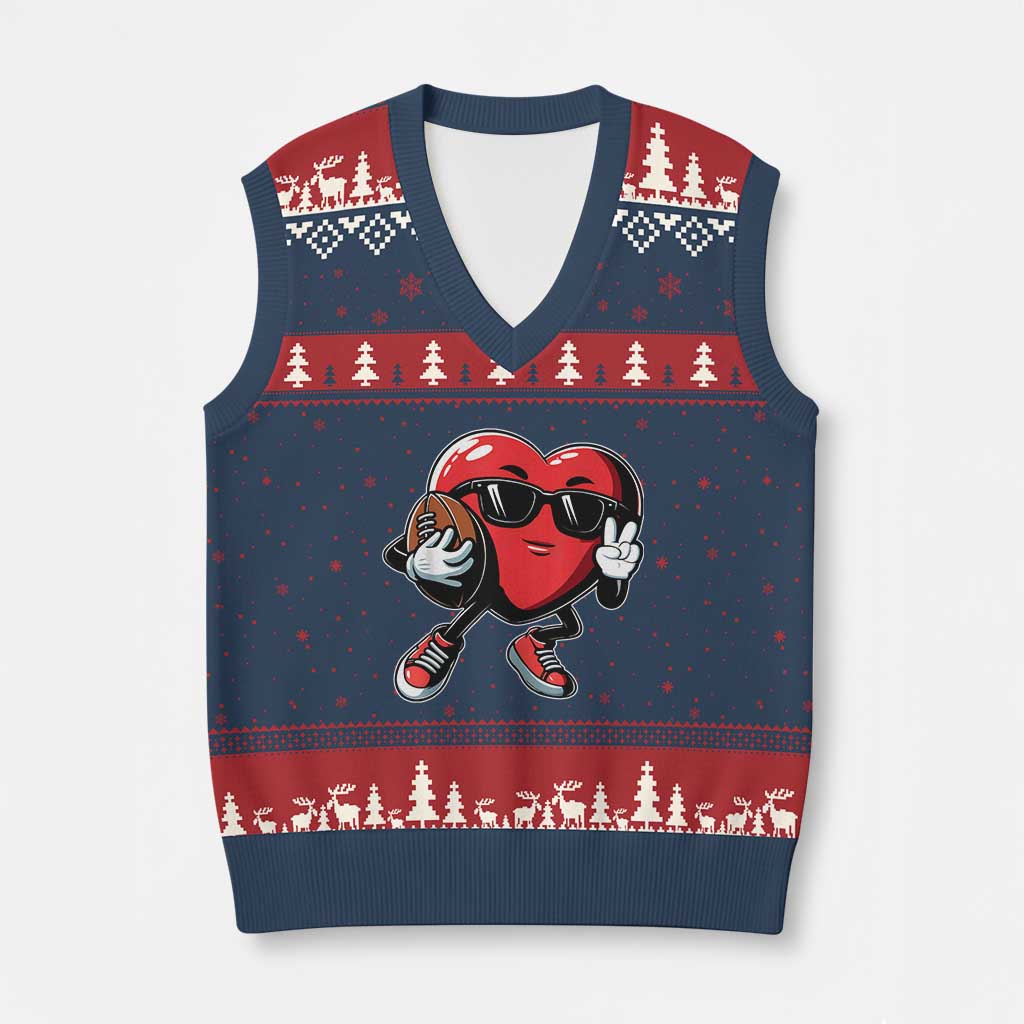 Valentines Day Heart Playing Football V-Neck Knit Sweater Vest Cute Gift for Sports Lovers - Wonder Print Shop