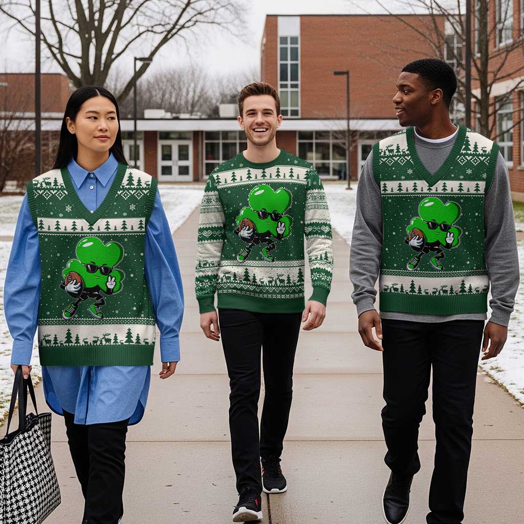 St Patricks Day Shamrock Playing Football V-Neck Knit Sweater Vest Cute Gift for Sports Lovers - Wonder Print Shop