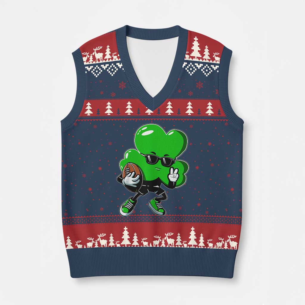 St Patricks Day Shamrock Playing Football V-Neck Knit Sweater Vest Cute Gift for Sports Lovers - Wonder Print Shop
