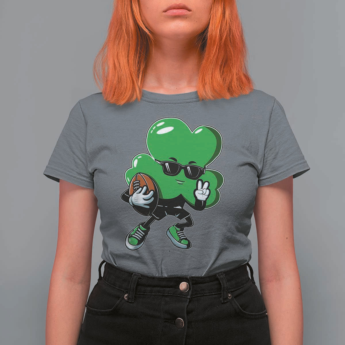 St Patricks Day Shamrock Playing Football T Shirt For Women Cute Gift for Sports Lovers