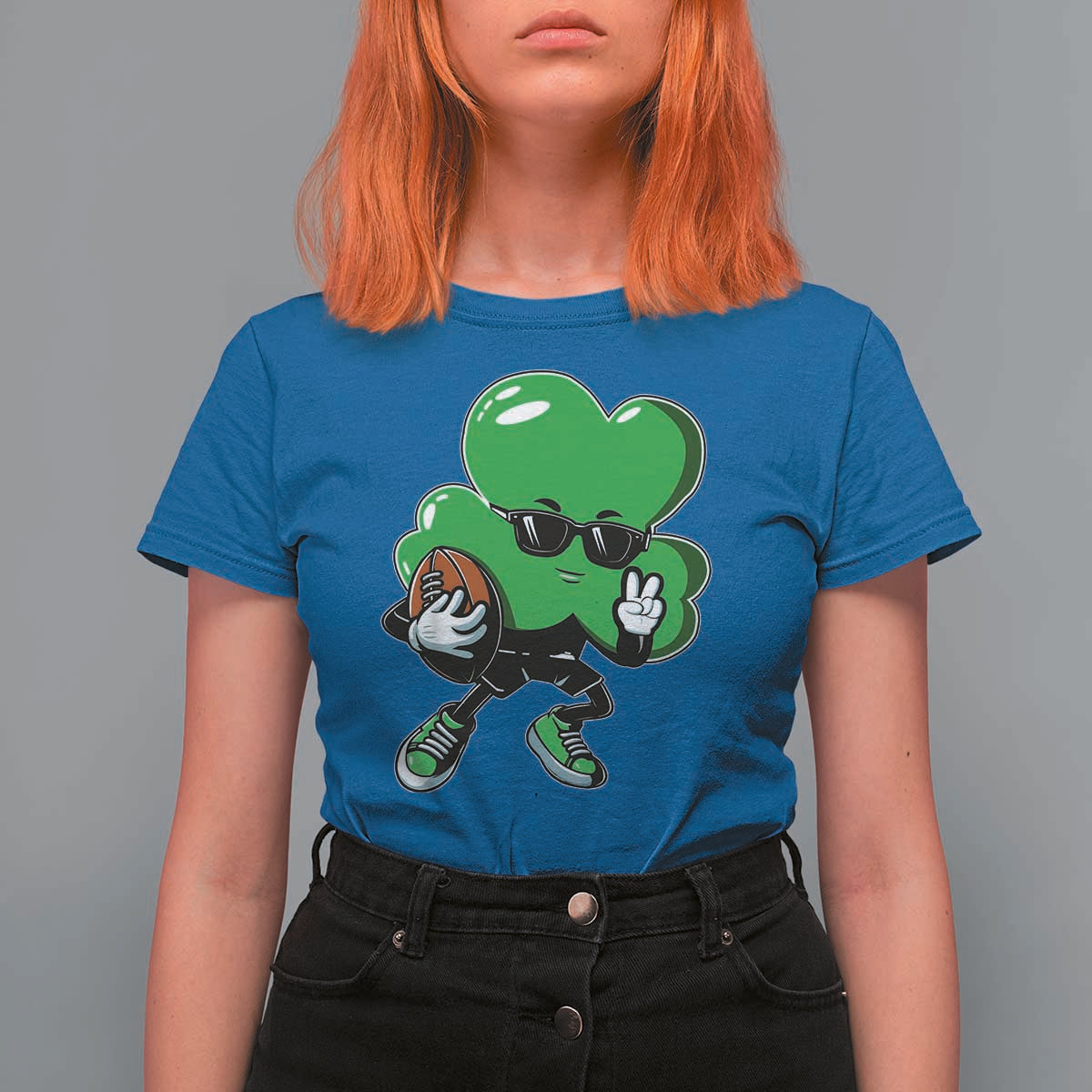 St Patricks Day Shamrock Playing Football T Shirt For Women Cute Gift for Sports Lovers