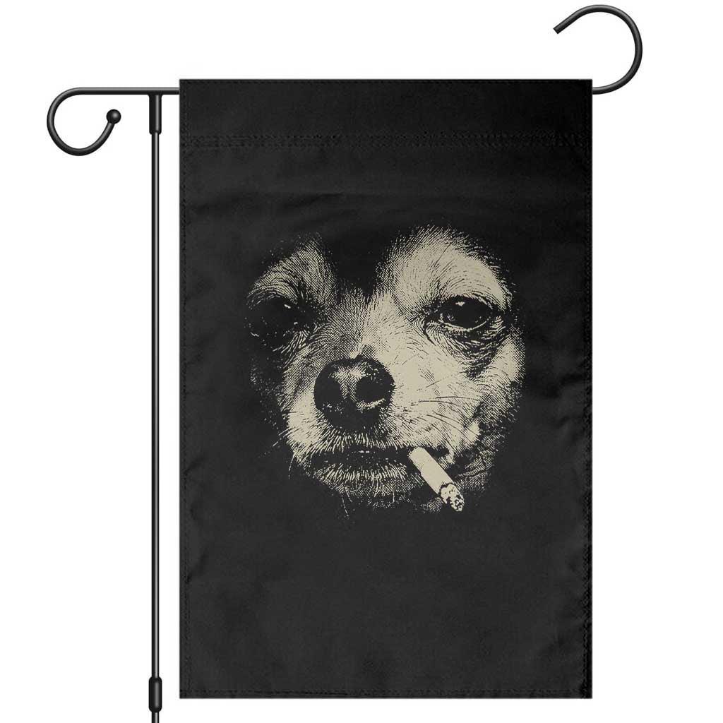 Funny Chihuahua Smoking Cegarette Meme Garden Flag Gritty Ironic Dog Graphic for Dark Humor Lovers