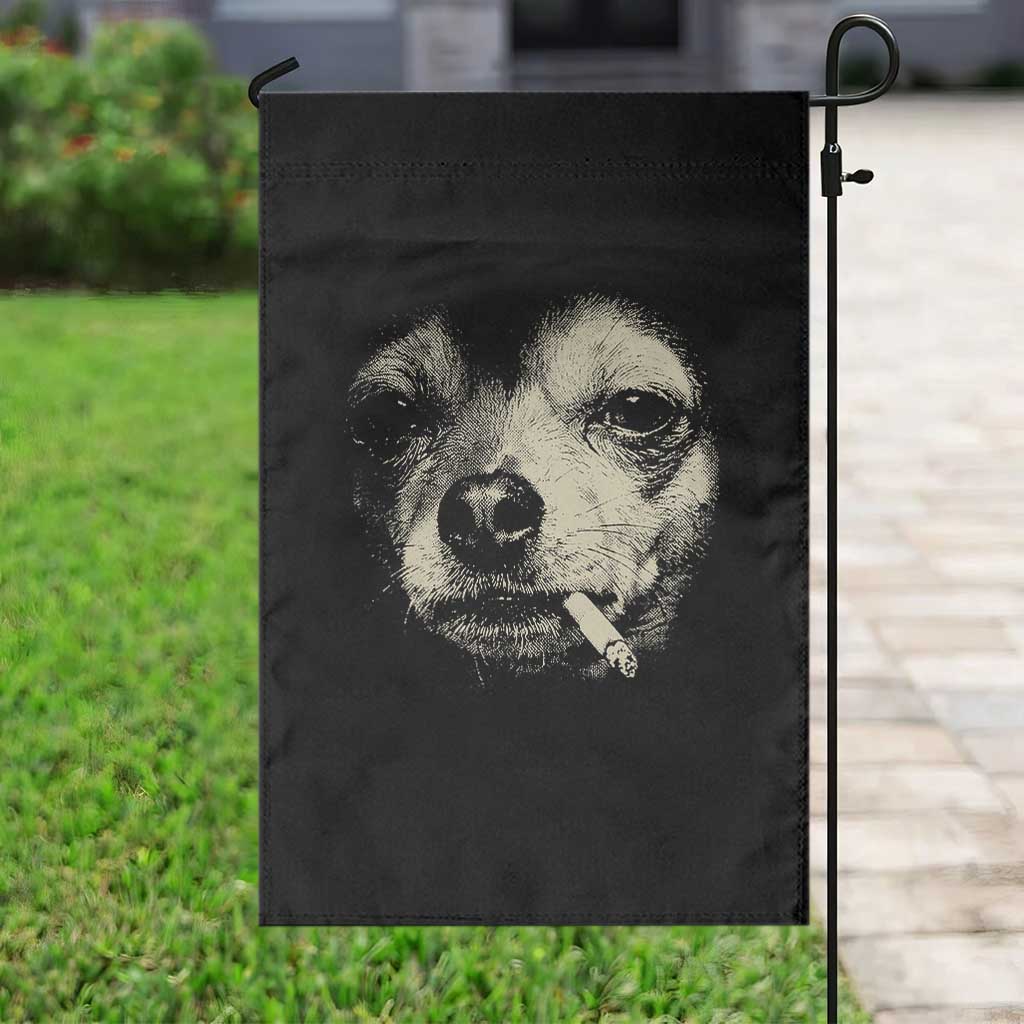 Funny Chihuahua Smoking Cegarette Meme Garden Flag Gritty Ironic Dog Graphic for Dark Humor Lovers