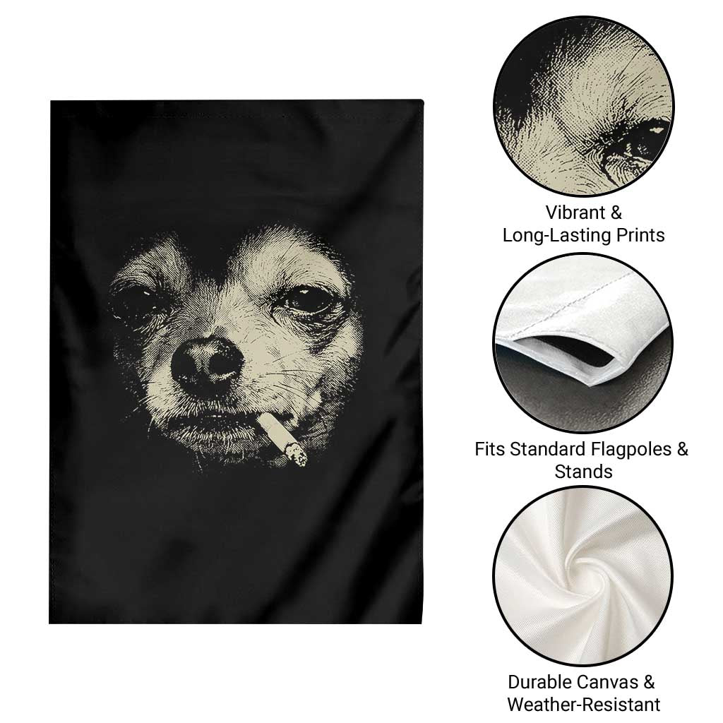 Funny Chihuahua Smoking Cegarette Meme Garden Flag Gritty Ironic Dog Graphic for Dark Humor Lovers