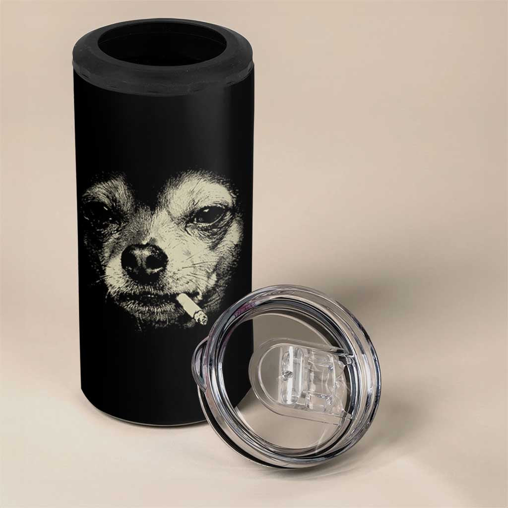 Funny Chihuahua Smoking Cegarette Meme 4 in 1 Can Cooler Tumbler Gritty Ironic Dog Graphic for Dark Humor Lovers