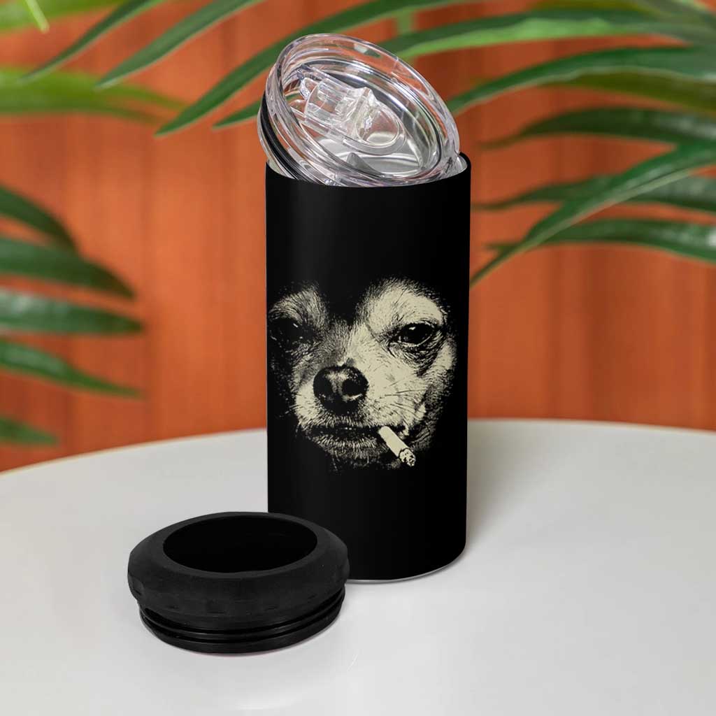 Funny Chihuahua Smoking Cegarette Meme 4 in 1 Can Cooler Tumbler Gritty Ironic Dog Graphic for Dark Humor Lovers