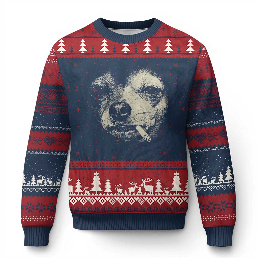 Funny Chihuahua Smoking Cegarette Meme Ugly Christmas Sweater Gritty Ironic Dog Graphic for Dark Humor Lovers