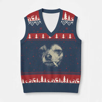 Funny Chihuahua Smoking Cegarette Meme V-Neck Knit Sweater Vest Gritty Ironic Dog Graphic for Dark Humor Lovers