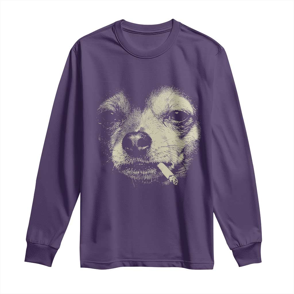 Funny Chihuahua Smoking Cegarette Meme Long Sleeve Shirt Gritty Ironic Dog Graphic for Dark Humor Lovers